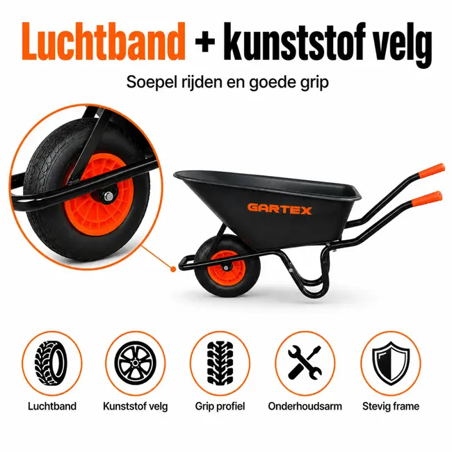 Gartex Kruiwagen 100 liter met zwarte kunststof bak, luchtband en 160 kg draagvermogen