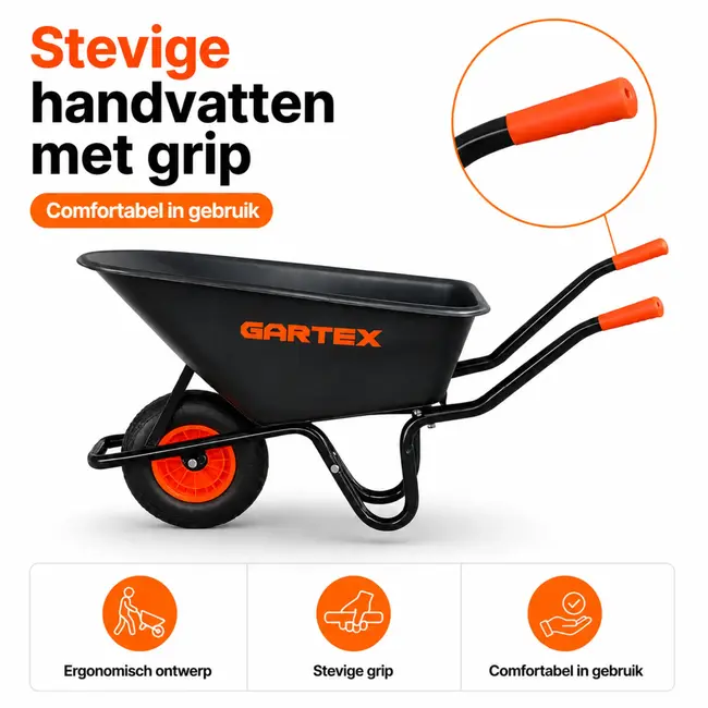 Gartex Kruiwagen 100 liter met zwarte kunststof bak, luchtband en 160 kg draagvermogen