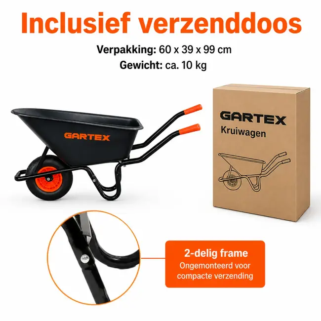 Gartex Kruiwagen 100 liter met zwarte kunststof bak, luchtband en 160 kg draagvermogen