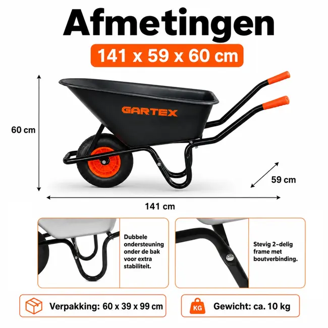 Gartex Kruiwagen 100 liter met zwarte kunststof bak, luchtband en 160 kg draagvermogen