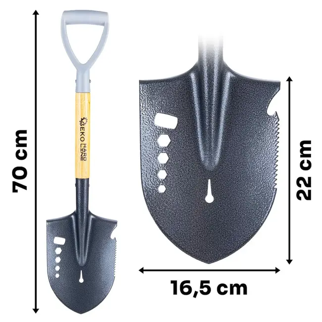 GEKO Multifunctionele schep 70 cm met D-greep, stalen blad 16,5 x 22 cm, zaagrand, zeskantsleutels en flesopener