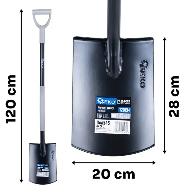 GEKO Rechte spade 120 cm voor tuinwerk en grondwerk met stalen blad 20 × 28 cm en D-greep