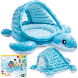 Intex Opblaasbaar kinderzwembad schildpad 2 in 1 met dak, zachte bodem en ballen voor waterpret buiten, 218 x 206 x 97 cm