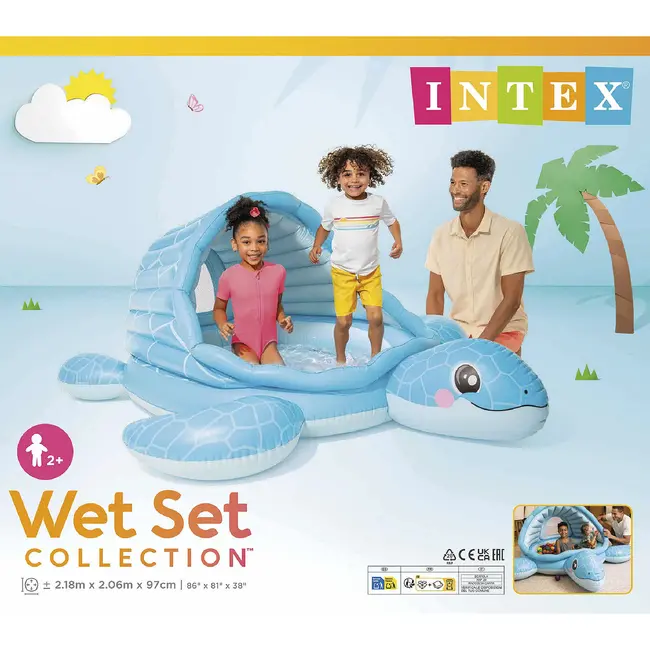 Intex Opblaasbaar kinderzwembad schildpad 2 in 1 met dak, zachte bodem en ballen voor waterpret buiten, 218 x 206 x 97 cm