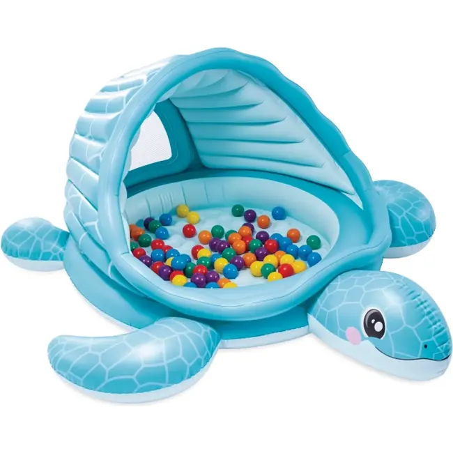 Intex Opblaasbaar kinderzwembad schildpad 2 in 1 met dak, zachte bodem en ballen voor waterpret buiten, 218 x 206 x 97 cm