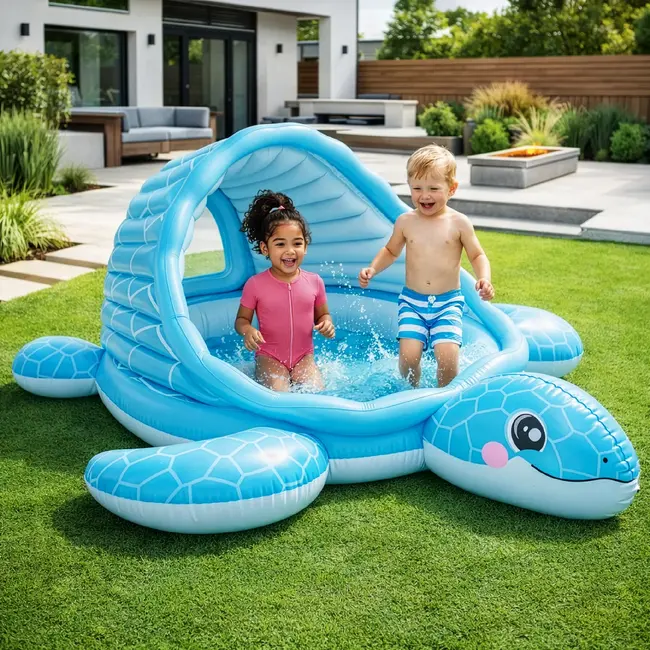 Intex Opblaasbaar kinderzwembad schildpad 2 in 1 met dak, zachte bodem en ballen voor waterpret buiten, 218 x 206 x 97 cm