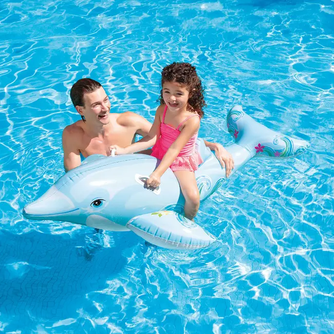 Intex Opblaasbare dolfijn zwemmatras 175 x 66 cm van PVC met 2 handgrepen, reparatiepatch en max 40 kg draaggewicht