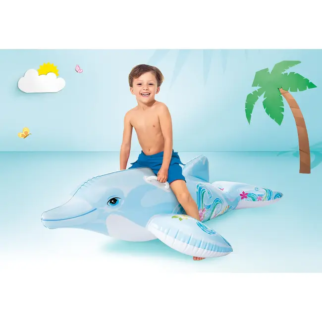 Intex Opblaasbare dolfijn zwemmatras 175 x 66 cm van PVC met 2 handgrepen, reparatiepatch en max 40 kg draaggewicht
