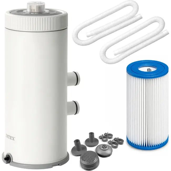 Intex Zwembad filterpomp 3785 l/h met type A cartridge, slangen, klemmen, zeven en Hydro Aeration voor opzetzwembaden tot 21.100 l