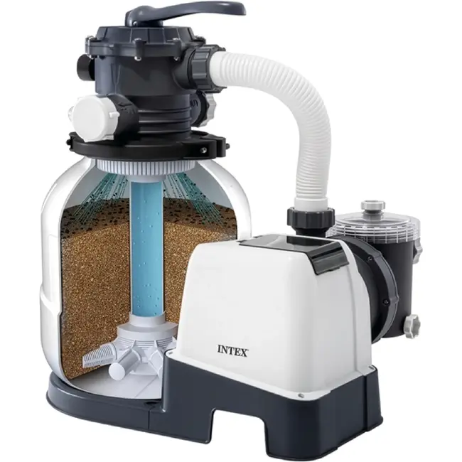 Intex Zandfilterpomp zwembad 7900 l/h met Wi-Fi, 250 W vermogen, 38 mm aansluiting, timer, slangen en 23 kg tank voor helder water