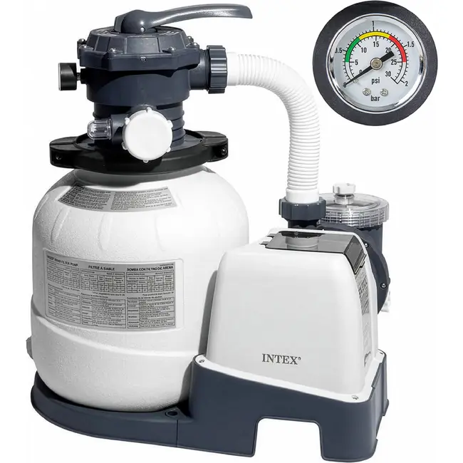 Intex Zandfilterpomp zwembad 7900 l/h met Wi-Fi, 250 W vermogen, 38 mm aansluiting, timer, slangen en 23 kg tank voor helder water