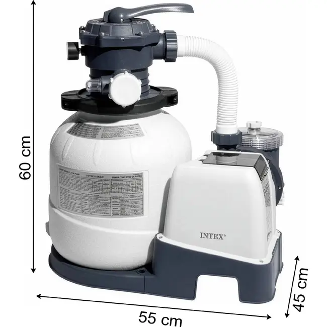 Intex Zandfilterpomp zwembad 7900 l/h met Wi-Fi, 250 W vermogen, 38 mm aansluiting, timer, slangen en 23 kg tank voor helder water