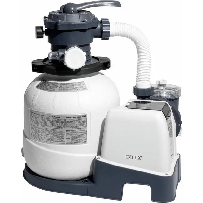 Intex Zandfilterpomp zwembad 7900 l/h met Wi-Fi, 250 W vermogen, 38 mm aansluiting, timer, slangen en 23 kg tank voor helder water