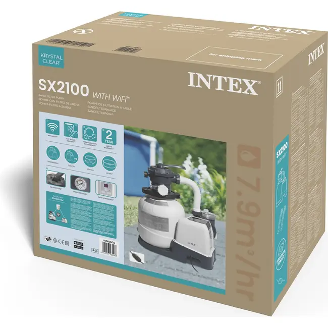 Intex Zandfilterpomp zwembad 7900 l/h met Wi-Fi, 250 W vermogen, 38 mm aansluiting, timer, slangen en 23 kg tank voor helder water