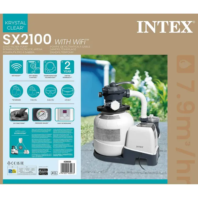 Intex Zandfilterpomp zwembad 7900 l/h met Wi-Fi, 250 W vermogen, 38 mm aansluiting, timer, slangen en 23 kg tank voor helder water