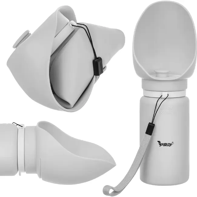 Purlov Hondenfles 550 ml met opvouwbare drinkbak, doseerknop, vergrendeling en draagriem voor je hond