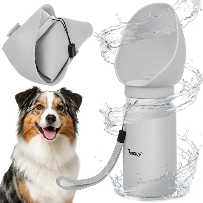 Purlov Hondenfles 550 ml met opvouwbare drinkbak, doseerknop, vergrendeling en draagriem voor je hond