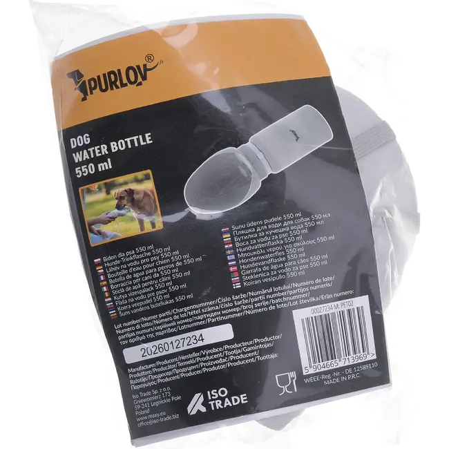 Purlov Hondenfles 550 ml met opvouwbare drinkbak, doseerknop, vergrendeling en draagriem voor je hond