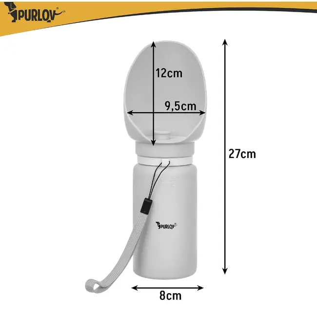 Purlov Hondenfles 550 ml met opvouwbare drinkbak, doseerknop, vergrendeling en draagriem voor je hond