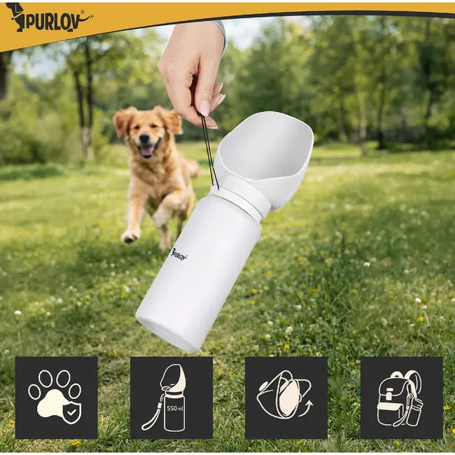 Purlov Hondenfles 550 ml met opvouwbare drinkbak, doseerknop, vergrendeling en draagriem voor je hond