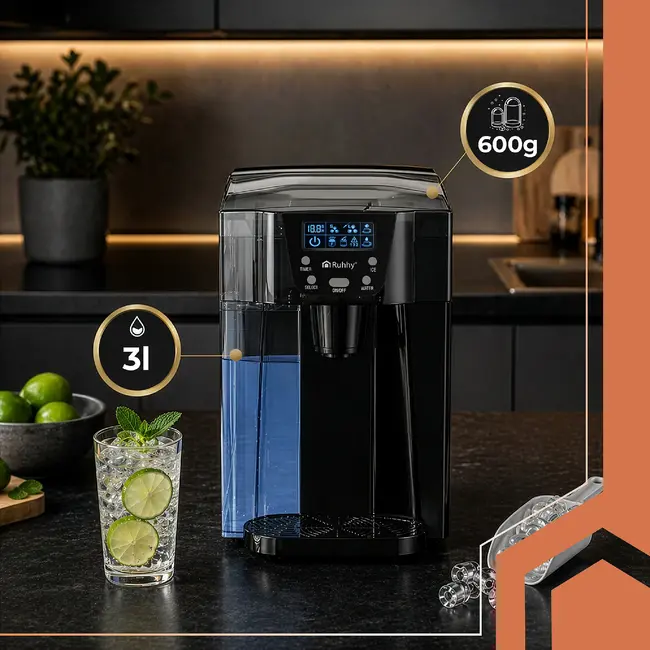Ruhhy Ijsblokjesmachine 3 L zwart met LCD paneel 150 W compressor en 12 kg ijs per dag