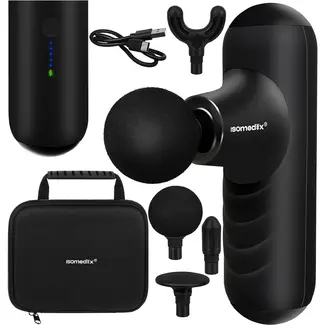 Isomedix Mini massagepistool zwart met 5 standen, 4 massagekoppen, stille motor, USB-C kabel en case voor sport en herstel