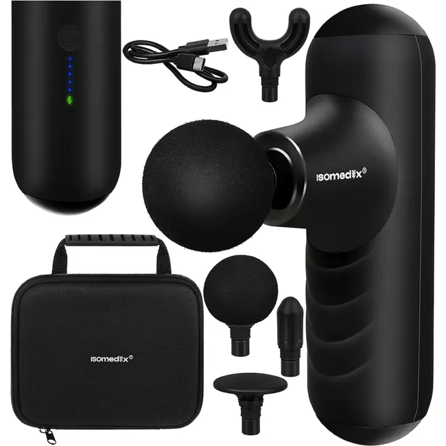 Isomedix Mini massagepistool zwart met 5 standen, 4 massagekoppen, stille motor, USB-C kabel en case voor sport en herstel