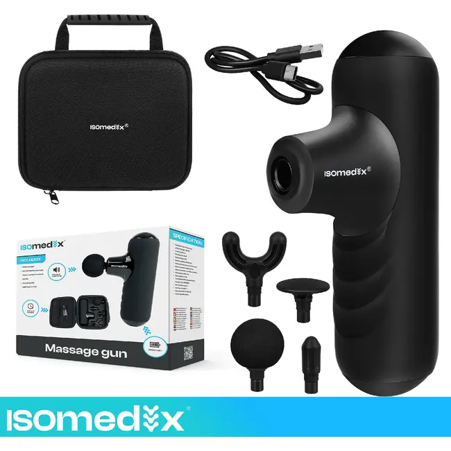 Isomedix Mini massagepistool zwart met 5 standen, 4 massagekoppen, stille motor, USB-C kabel en case voor sport en herstel