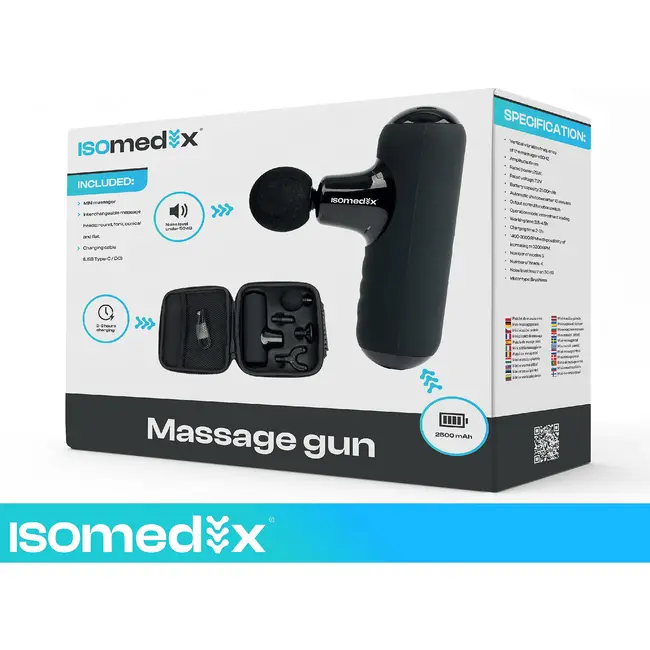 Isomedix Mini massagepistool zwart met 5 standen, 4 massagekoppen, stille motor, USB-C kabel en case voor sport en herstel