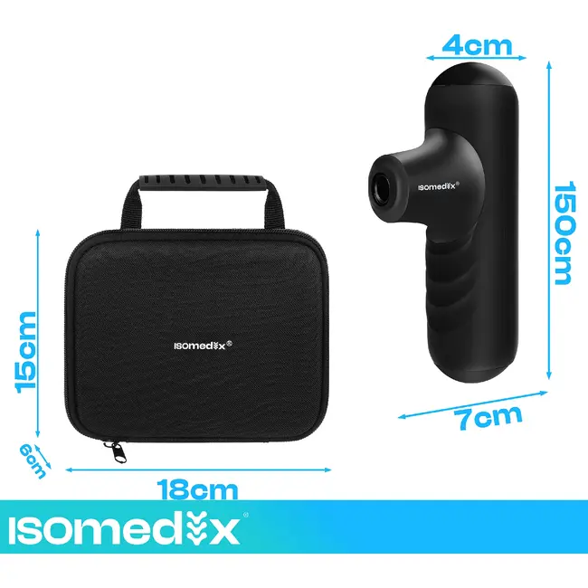 Isomedix Mini massagepistool zwart met 5 standen, 4 massagekoppen, stille motor, USB-C kabel en case voor sport en herstel