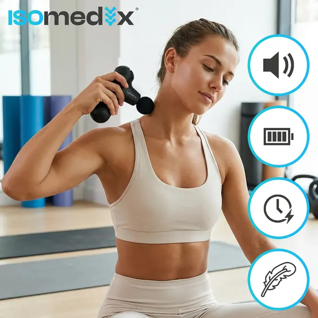 Isomedix Mini massagepistool zwart met 5 standen, 4 massagekoppen, stille motor, USB-C kabel en case voor sport en herstel