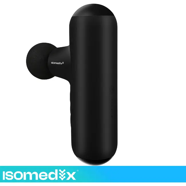 Isomedix Mini massagepistool zwart met 5 standen, 4 massagekoppen, stille motor, USB-C kabel en case voor sport en herstel