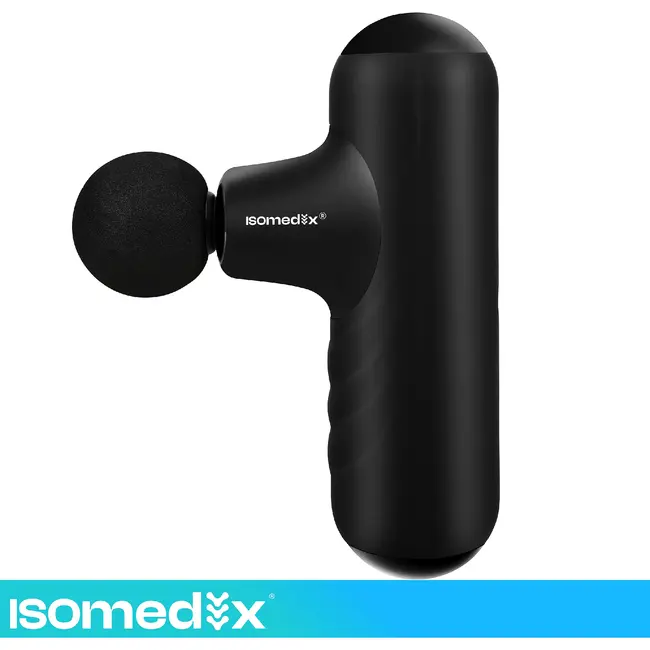 Isomedix Mini massagepistool zwart met 5 standen, 4 massagekoppen, stille motor, USB-C kabel en case voor sport en herstel