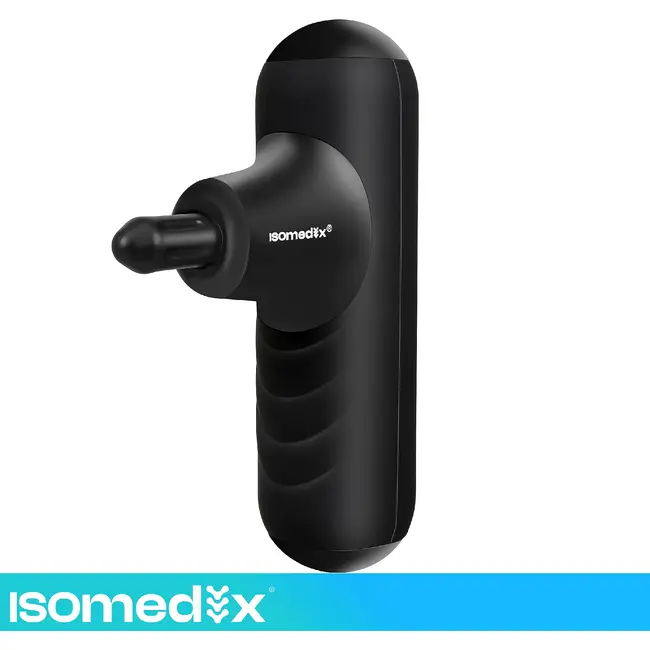 Isomedix Mini massagepistool zwart met 5 standen, 4 massagekoppen, stille motor, USB-C kabel en case voor sport en herstel