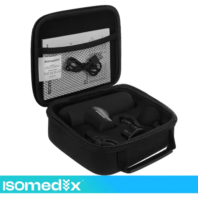 Isomedix Mini massagepistool zwart met 5 standen, 4 massagekoppen, stille motor, USB-C kabel en case voor sport en herstel