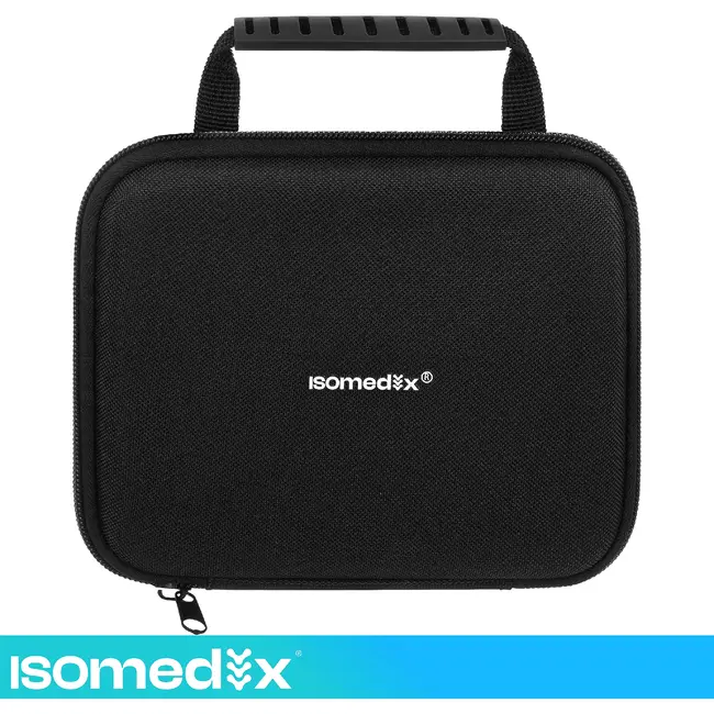 Isomedix Mini massagepistool zwart met 5 standen, 4 massagekoppen, stille motor, USB-C kabel en case voor sport en herstel
