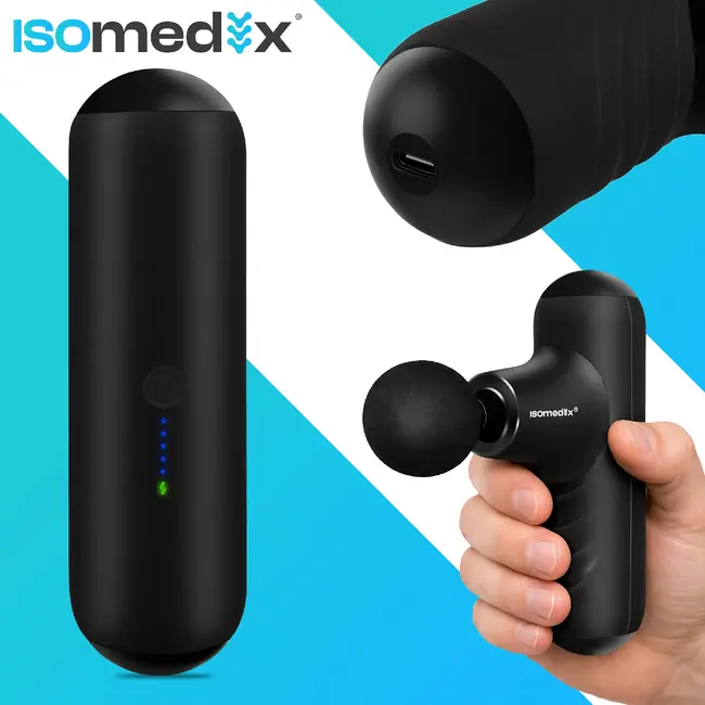 Isomedix Mini massagepistool zwart met 5 standen, 4 massagekoppen, stille motor, USB-C kabel en case voor sport en herstel
