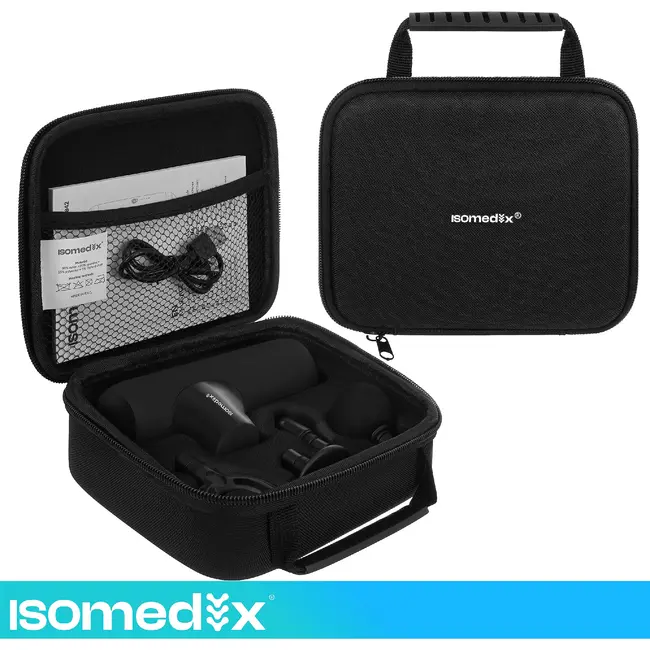 Isomedix Mini massagepistool zwart met 5 standen, 4 massagekoppen, stille motor, USB-C kabel en case voor sport en herstel