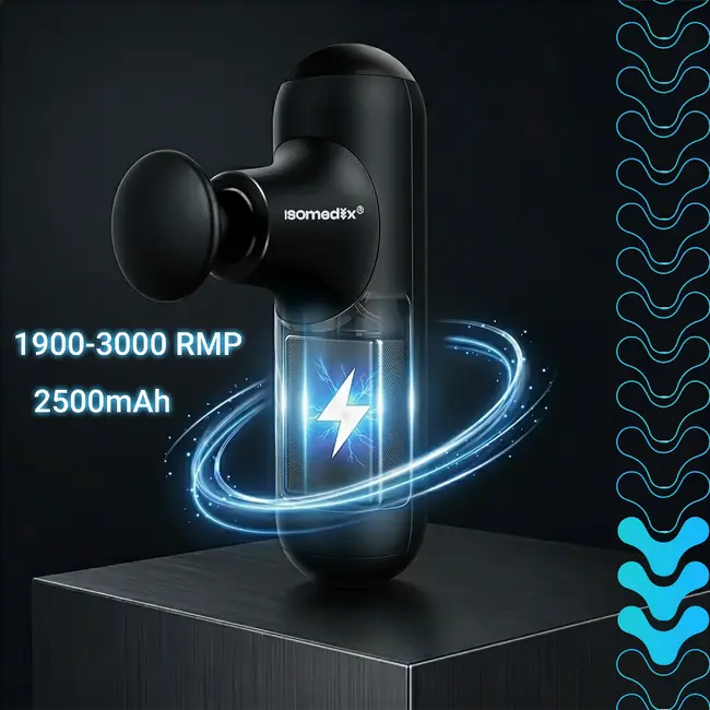 Isomedix Mini massagepistool zwart met 5 standen, 4 massagekoppen, stille motor, USB-C kabel en case voor sport en herstel