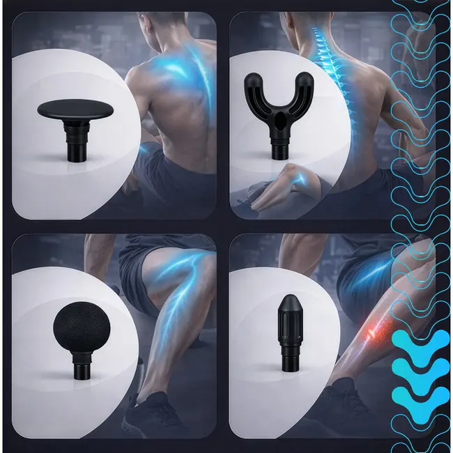 Isomedix Mini massagepistool zwart met 5 standen, 4 massagekoppen, stille motor, USB-C kabel en case voor sport en herstel