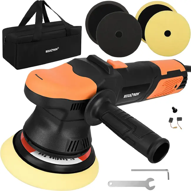 Bigstren Dual Action autopolijstmachine 900 W met 125 en 150 mm platen, soft start, 8 m kabel, tas en accessoires voor lakcorrectie