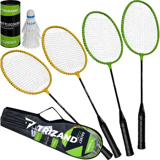 Trizand Complete badmintonset 8-delig met 4 rackets van 66,5 cm, 3 shuttles en hoes voor recreatief buiten spelen