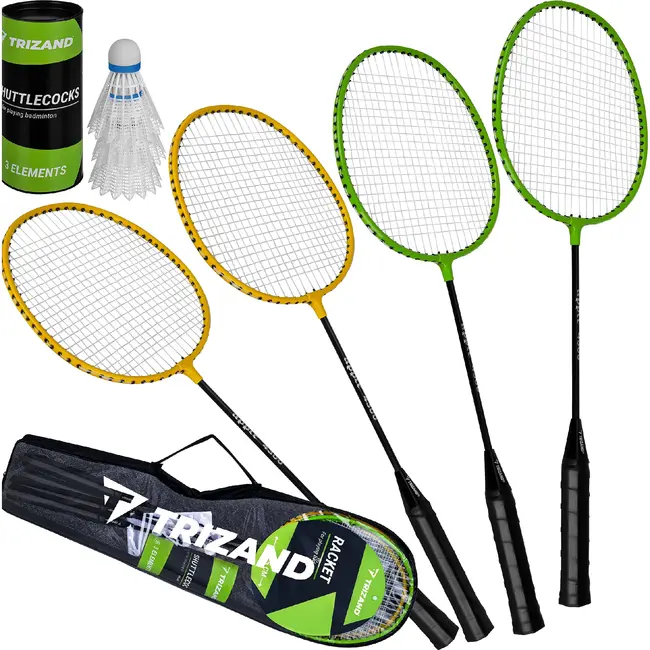 Trizand Complete badmintonset 8-delig met 4 rackets van 66,5 cm, 3 shuttles en hoes voor recreatief buiten spelen