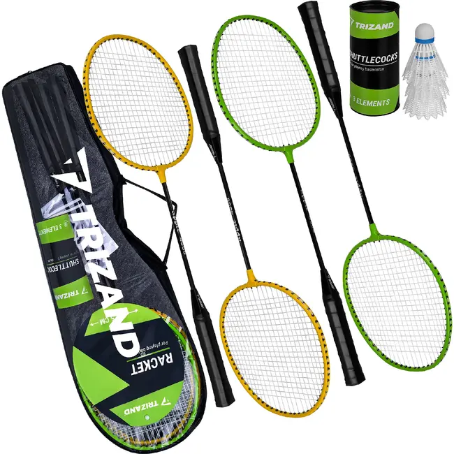 Trizand Complete badmintonset 8-delig met 4 rackets van 66,5 cm, 3 shuttles en hoes voor recreatief buiten spelen