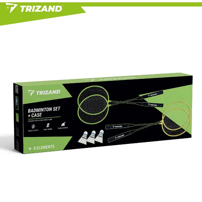 Trizand Complete badmintonset 8-delig met 4 rackets van 66,5 cm, 3 shuttles en hoes voor recreatief buiten spelen