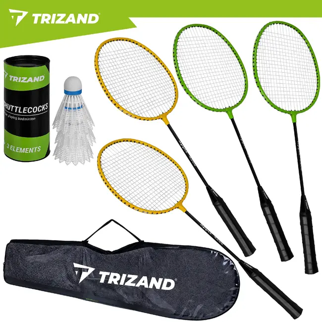 Trizand Complete badmintonset 8-delig met 4 rackets van 66,5 cm, 3 shuttles en hoes voor recreatief buiten spelen