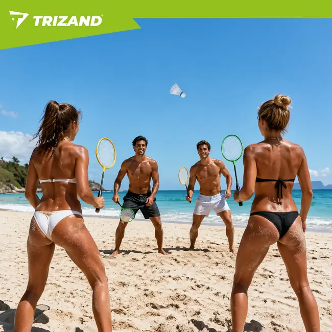 Trizand Complete badmintonset 8-delig met 4 rackets van 66,5 cm, 3 shuttles en hoes voor recreatief buiten spelen