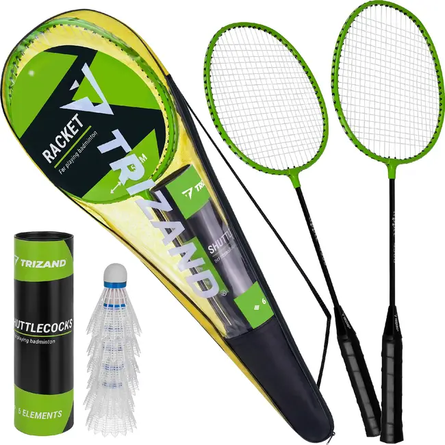 Trizand Badmintonset 9-delig met 2 rackets, 6 shuttles en hoes. Ideaal voor recreatief spelen in tuin, op strand of tijdens vakantie.
