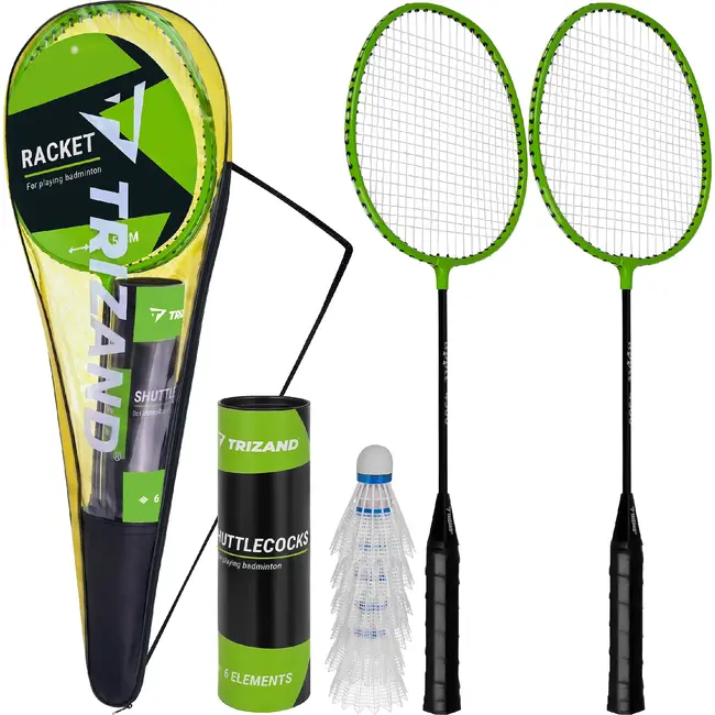 Trizand Badmintonset 9-delig met 2 rackets, 6 shuttles en hoes. Ideaal voor recreatief spelen in tuin, op strand of tijdens vakantie.