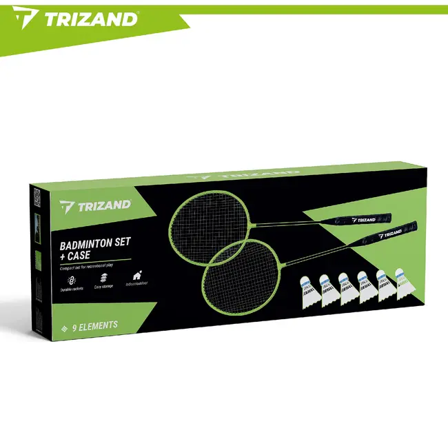 Trizand Badmintonset 9-delig met 2 rackets, 6 shuttles en hoes. Ideaal voor recreatief spelen in tuin, op strand of tijdens vakantie.